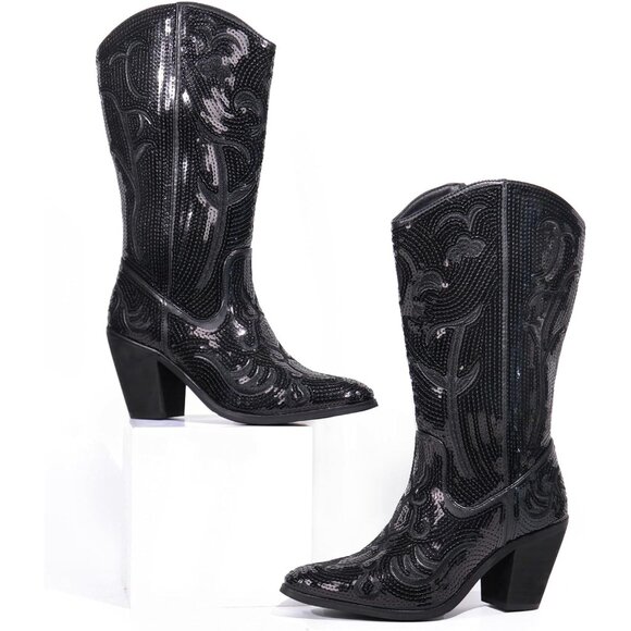 Hawkwell Women Black Wide Calf Tall Zipper Pointed Toe Embroidered Cowgirl Boots - Picture 6 of 6